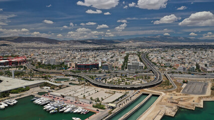 Fototapeta premium Aerial drone photo of urban junction interchange motorway leading to Faliron area, Athens Riviera, Attica, Greece