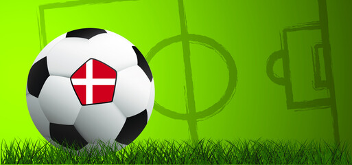 Obraz premium Football with the flag of Denmark on green soccer grass field. Vector background banner. Sport finale or school, sports game cup. Summer, spring time, Street ball games. 2021