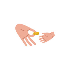 An adult gives pocket money to a child. An adult hand holds out a gold coin to a childs hand. Financial literacy, children's budget. Vector isolated fully editable illustration on white background.