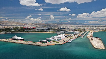 Aerial drone photo of luxury yachts in famous Athens Marina on a beautiful spring morning, Piraeus,...
