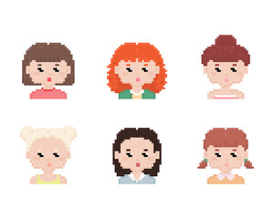 Pixel art cute girl avatar portrait female characters set. Pixel retro design for game, web, sticker, logo. Vector illustration set of girl faces in simple modern 8 bit pixel art style. 