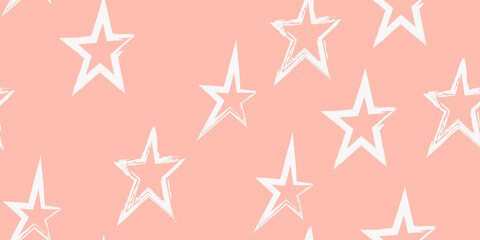 Cute seamless pattern with brush-drawn circles, hearts, strokes.