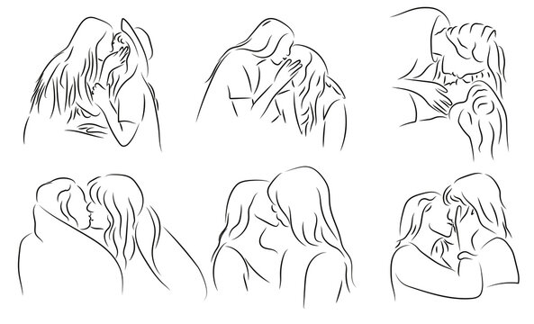 Lesben K&uuml;sse Liebespaar Lesbian Kisses Couple LGBTQ Bi Kontur Zeichnungen Vektor Grafik Lineart