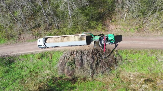 Aerial shot of wood chipper blowing shredded wood into back of a truck. Forest background