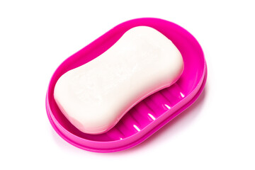Travel soap in plastic soap dish isolated on white background