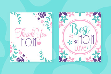 Thank You Mom Card Templates Set, Best Mom Flyer, Poster with Spring Flowers Vector Illustration