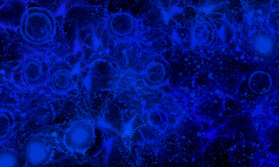 Blue microscopy universe banner with space effect. Alcohol ink abstract background. X-ray alcohol ink. 