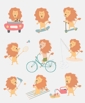 set of vector hand drawn illustration of lions with texture on summer vacations