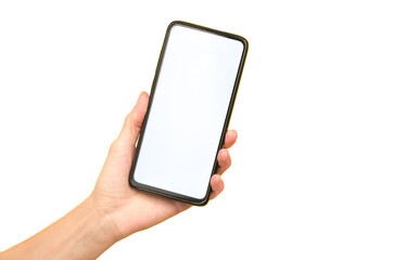 Female hand holding a phone with a white screen on a yellow background