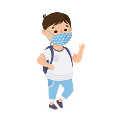 Happy Boy Wearing Face Mask with Backpack Waving Hand as New Normal Lifestyle Vector Illustration