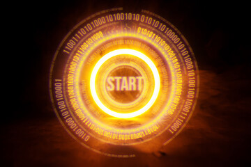 Sci Fi modern. Futuristic smoke. Neon color geometric circle with  inscription start on dark background. Round virtual screen. Holographic interface to display data.