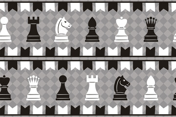 Seamless black and white pattern with chess pieces and flags. Sports background in a hand drawn style. Vector illustration for the design of sports chess projects.