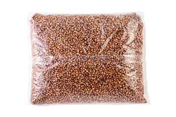 Buckwheat groats in a transparent bag isolated. Blank Packing buckwheat porridge. Template...