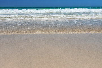Wonderful view of the lagoon, seashore, white sand beach and blue sea. Djerba Island, Tunisia