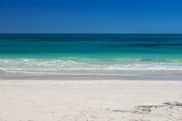 Fototapeta na wymiar Wonderful view of the lagoon, seashore, white sand beach and blue sea. Djerba Island, Tunisia