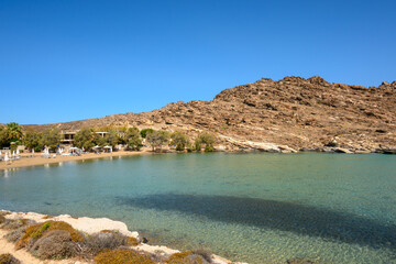 Monastiri Beach (the beach of the monastery of Agios Ioannis) located in a small rocky bay surrounded by rocky hills. Paros island, Cyclades, Greece