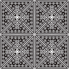 Traditional tribal ethnic seamless pattern. Vector black and white background. Greek key, meanders. Abstract geometric mexican style ornaments with square shapes, rhombus, signs, symbols, lines