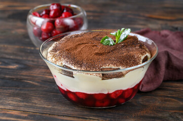 Dessert with Oreo cookies, cherries and cream cheese