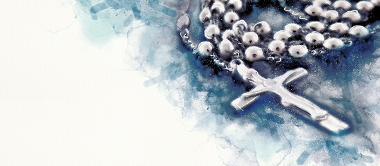 Rosary. Christian banner. Watercolor..