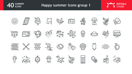 Fototapeta na wymiar Funny summer icons, like straw hat, camera, motorhome, diving mask, ice cream, camping, etc. Collection of 40 stylized icons with editable stroke, ready to be used in any design project.