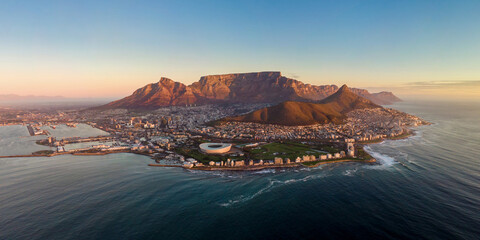 Fototapeta premium Aerial panoramic view of Cape Town cityscape at sunset, Western Cape Province, South Africa.