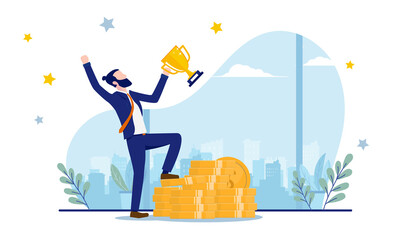 Financial success - Businessman with trophy celebrating earnings and money. Getting rich from entrepreneurship and business concept. Vector illustration with white background.