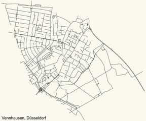 Black simple detailed street roads map on vintage beige background of the quarter Vennhausen Stadtteil of Düsseldorf, Germany