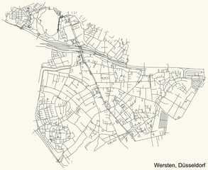 Black simple detailed street roads map on vintage beige background of the quarter Wersten Stadtteil of Düsseldorf, Germany