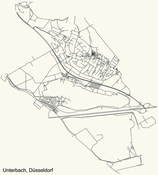 Black simple detailed street roads map on vintage beige background of the quarter Unterbach Stadtteil of Düsseldorf, Germany