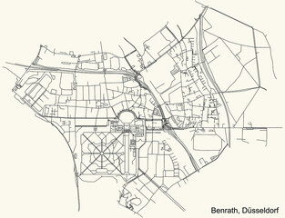 Black simple detailed street roads map on vintage beige background of the quarter Benrath Stadtteil of Düsseldorf, Germany