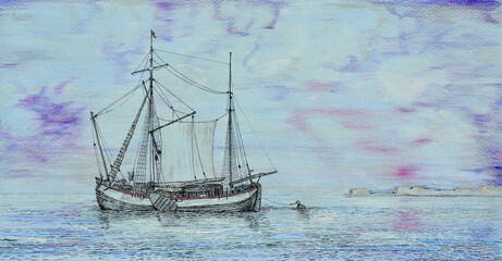 Ink and Pencil drawing of old ship anchored in calm coastal scene.