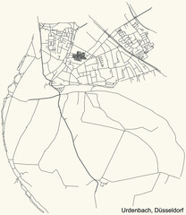Black simple detailed street roads map on vintage beige background of the quarter Urdenbach Stadtteil of Düsseldorf, Germany