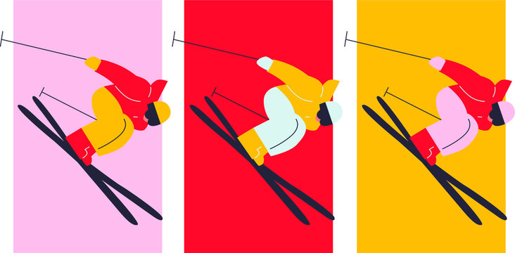 Happy people riding snowboard and skis by snow slopes. Sportsmen having fun on ski resort. Cartoon flat vector illustration. Winter time. Season Holidays. Travel activity entertainment. 