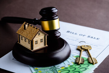 Concept of home loan and credit. Little wooden house, euro banknotes and judges gavel on the table
