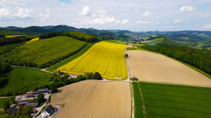Drone view over agriculture fields in springtime