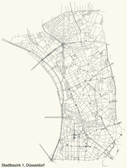Black simple detailed street roads map on vintage beige background of the quarter Stadtbezirk 1 district of Düsseldorf, Germany