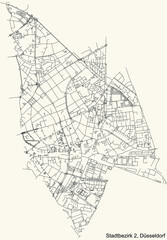 Black simple detailed street roads map on vintage beige background of the quarter Stadtbezirk 2 district of Düsseldorf, Germany