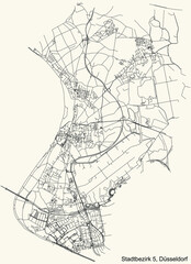 Black simple detailed street roads map on vintage beige background of the quarter Stadtbezirk 5 district of Düsseldorf, Germany