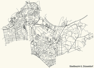 Fototapeta na wymiar Black simple detailed street roads map on vintage beige background of the quarter Stadtbezirk 6 district of Düsseldorf, Germany