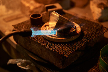 Silver making, handicraft, chasing and nielloing. Traditional work in the mountain village of Kubachi, Dagestan.