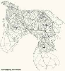Black simple detailed street roads map on vintage beige background of the quarter Stadtbezirk 9 district of Düsseldorf, Germany