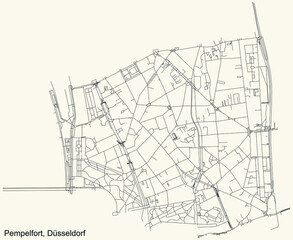 Black simple detailed street roads map on vintage beige background of the quarter Pempelfort Stadtteil of Düsseldorf, Germany