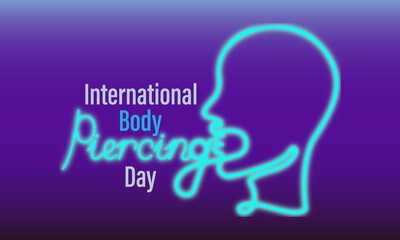 International Body Piercing Day. Banner. One line art. A neon head relief. Blue gradient
