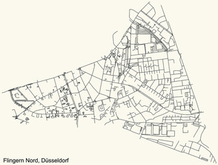 Black simple detailed street roads map on vintage beige background of the quarter Flingern Nord Stadtteil of Düsseldorf, Germany