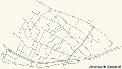 Black simple detailed street roads map on vintage beige background of the quarter Volmerswerth Stadtteil of Düsseldorf, Germany