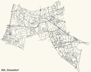 Black simple detailed street roads map on vintage beige background of the quarter Bilk Stadtteil of Düsseldorf, Germany