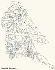 Black simple detailed street roads map on vintage beige background of the quarter Oberbilk Stadtteil of Düsseldorf, Germany