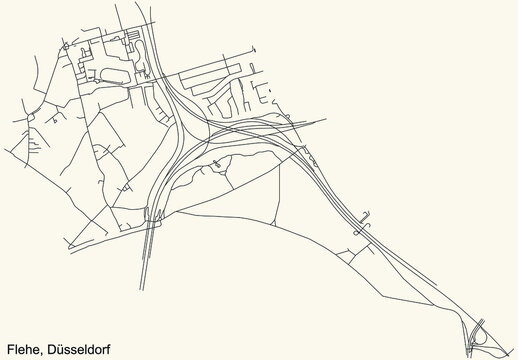 Black simple detailed street roads map on vintage beige background of the quarter Flehe Stadtteil of D&uuml;sseldorf, Germany