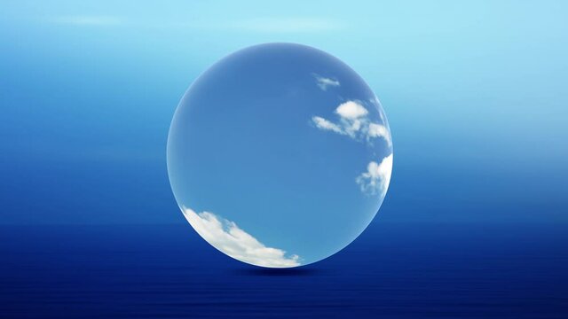  Blurred glass ball  with clouds and bright skies time lapse on blue animation background.