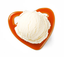 Scoop of ice cream with caramel sauce isolated. Ice cream on white background. Perfect image for package design of ice cream.